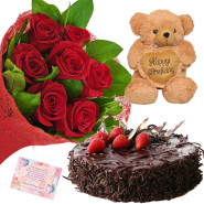 Red Choco Heart - 12 Red Roses Bunch, Teddy 6 inch with Heart, Chocolate Cake 1/2 kg + Card