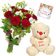Rose of Heart - 10 Red Roses Bunch, Teddy with Heart 8 inch + Card