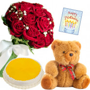Rose Teddy Cake - 8 Red Roses Bunch, Teddy 6 inch, Pineapple Cake 1/2 kg + Card