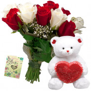 Floral Heart - 9 Red and White Flowers Bunch, Teddy with Heart 8 inch + Card
