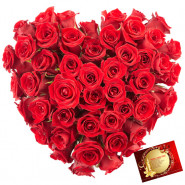 Red Heart Basket - 50 Red Roses Heart Shape Arrangement in a Basket & Card