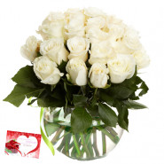White Delight - 18 White Roses in Vase & Card