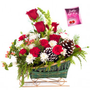 Red N White Delight - 6 Red Roses with 10 White N Red Carnations Basket & Card