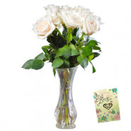 White Vase - 12 White Roses in Vase & Card