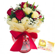 Red N White Vase - 10 Red & White Roses in Vase  & Card