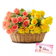 Pink N Yellow Roses - 24 Pink & Yellow Roses Basket & Card