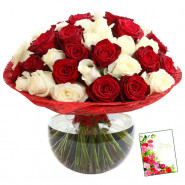 Red N White Rose Vase - 36 Red & White Roses in Vase & Card