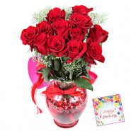 Red Roses in Vase - 15 Red Roses in Vase & Card