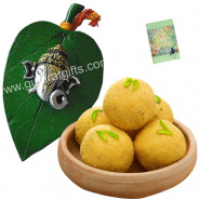 Ganesha Laddoo Treat - Besan Laddoo 250 gms, Ganesh Ji On Leaf and Card