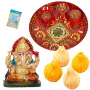 Thali and Modak - Meenakari Thali 6 inch, Modak, Ganesh Idol and Card