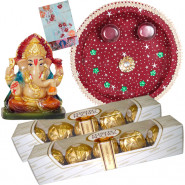 Ganesha Chocolate Delight - 2 Ferrero Rocher 4 pcs, Pooja Thali (M), Ganesh Idol and Card