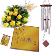 Wedding Special - 30 yellow roses in bunch, Celebrations, Wind Chim (Silver) and card