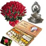 Wedding Gifts - 50 red roses in basket, Kaju Mix, Ganesh Diya with card