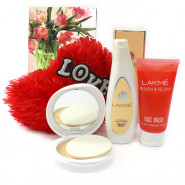 Clean Heart - Red Heart Pillow, Lakme Clean Up Fresh Fairness Face Wash, Lakme Peach Milk Moisturizer Body Lotion, Lakme Perfect Radiance Intense Whitening Compact and Card