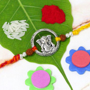 Exclusive Ganapati Rakhi with Metalwork & Rudrakshas in a Two Tone Twisted Thread