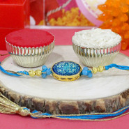 Unique Stonework Rakhi with Designer Blue & Gold Thread