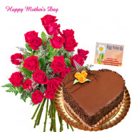 Gracious Love of Mom - Bunch of 25 Red Roses, Chocolate Heart Cake 1 kg and Card