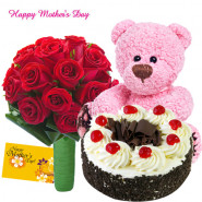 Great Combo - 15 Red Roses, 6" Teddy , 1 Kg Black Forest Cake and Card