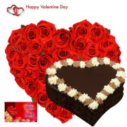 Valentine Hearty Treat - 50 Red Roses Heart Shape + Chocolate Heart Cake 1 kg + Card