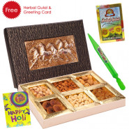 Holi Dry Fruits - 1 Kg Assorted Dryfruits (6 items) in Decorative Box, Pichkari, Herbal Gulal & Greeing Card