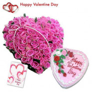 Elegant Heart - 40 Pink Roses Heart Shape + Strawberry Heart Cake 1 kg + Card