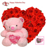 Valentine Love Heart - 40 Red Roses Heart Shape + Teddy with Heart 6" + Card