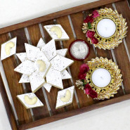 Festive Hamper - Kaju Katli, 2 Handmade Decorative Golden Disc Diya with Flowers (with Wax Tealight) with Laxmi-Ganesha Coin