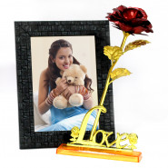 Words of Love - Gold Plated Red Rose with Love Stand, Personalized Photo Frame & Valentine Greeting Card