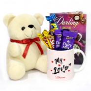 Divine and Humble - My Love Personalized Mug, Teddy Bear 6 inch, 5 Assorted Cadbury Bars & Valentine Greeting Card