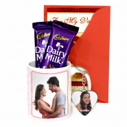 Heavenly Pretty - Love You Personalized Mug, Photo Heart Keychain, 2 Dairy Milk & Valentine Greeting Card