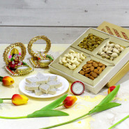 Moments of Festive - Kaju Katli, Assorted Dryfruits in Box, Decorative Laxmi Ganesha Diya (with Wax Tealight) with Laxmi-Ganesha Coin