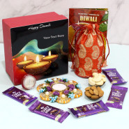 Happiness of Diwali - Almond & Cashew in Potli (D), 5 Dairy Milk, Personalized Premium Gift Box (M), Six Decorative Disc Diya with Jute & Flower (with Wax Tealight) with Laxmi-Ganesha Coin