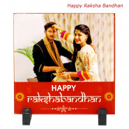 Happy Raksha Bandhan Personalized Photo Tile, Almond 100 gms in Potli (D), 2 Rakhi and Roli-Chawal