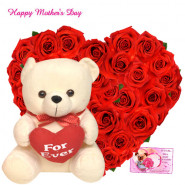 Heartly Arrangement & Teddy - Heart Shaped Arrangement 25 Red Roses, Teddy with Heart 8" and Card