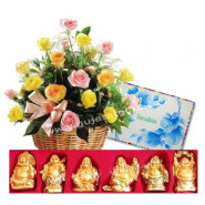 Healthy Wishes - 20 Mix Roses Basket + Set Of Laughing Buddha + Card