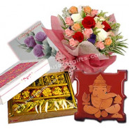 Extravaganza - 20 Mix Roses Bunch + Assorted Kaju Sweets 500 Gms + Ganesha On Wooden Slab + Card