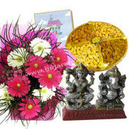 Exotic Melody - 12 Mix Gerberas In Bunch + 500 Gms Dryfruits + Lakshmi Ganesh Idol + Card