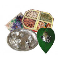 Paradise - Ganesha on Leaf + Silver Plated Puja Thali + Assorted dryfruits 500 gms
