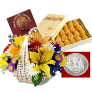 Golden Glow - 12 Mix Flowers Basket + Kanpoori Ladoo 1kg + Trimurti Coin 10gms + Card