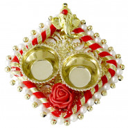 Kaju Katli Thali - Kaju Katli, Auspicious Ganesha Thali with Pearls with 2 Rakhi and Roli-Chawal