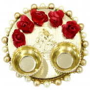 Kaanpuri Ladoo Thali - Kaanpuri Ladoo, Elegant Ganesh Thali with Flowers & Pearls with 2 Rakhi and Roli-Chawal