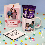 Personalized White Photo Mug, Personalized Tea Coaster, 2 Dairy Milk and Personalized Card