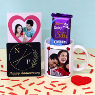 Personalized Anniversary Mug, Personalized Anniversary Tea Coaster, Dairy Milk Silk Oreo and Personalized Card