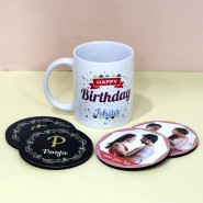 Personalized Birthday Photo Mug, Personalized Round Tea Coaster 4 Pcs and Card