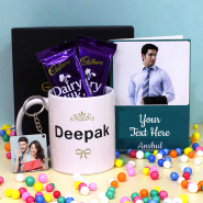 Chocolate with Photo Mug & Keychain - Personalized Alphabet Letter Photo Mug, Photo Keychain, 2 Dairy Milk, Personalized Card and Premium Box (B)