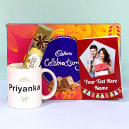 Photo Mug with Chocolates - Personalized Alphabet Letter Photo Mug, Ferrero Rocher 4 Pcs, Cadbury Celebrations and Personalized Card
