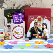 Treat for Rakhi - Personalized Happy Rakhi Photo Tile, Personalized To The Best Brother In The World Photo Mug, Photo Keychain, 2 Dairy Milk, Personalized Card, Premium Gift Box (M) with 2 Rakhi and Roli-Chawal