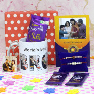 Gift of Rakhi - Personalized World's Best Bro Photo Mug, Photo Keychain, Dairy Milk Silk, 2 Dairy Milk, Personalized Card, Premium Gift Box (P) with 2 Rakhi and Roli-Chawal