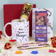 Rakhi Present - Personalized Mere Pyaare Bhaiya Photo Mug, Dairy Milk Silk in Personalized Wrapper, Ferreo Rocher 4 Pcs, Personalized Card, Premium Gift Box (M) with 2 Rakhi and Roli-Chawal