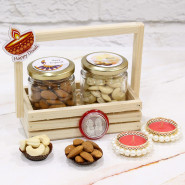 Exotic Dry Fruit Basket - Almond in Jar, Cashew in Jar, Led Light, Diwali Props, Wooden Tray with 2 Decorative Golden Diyas and Laxmi-Ganesha Coin